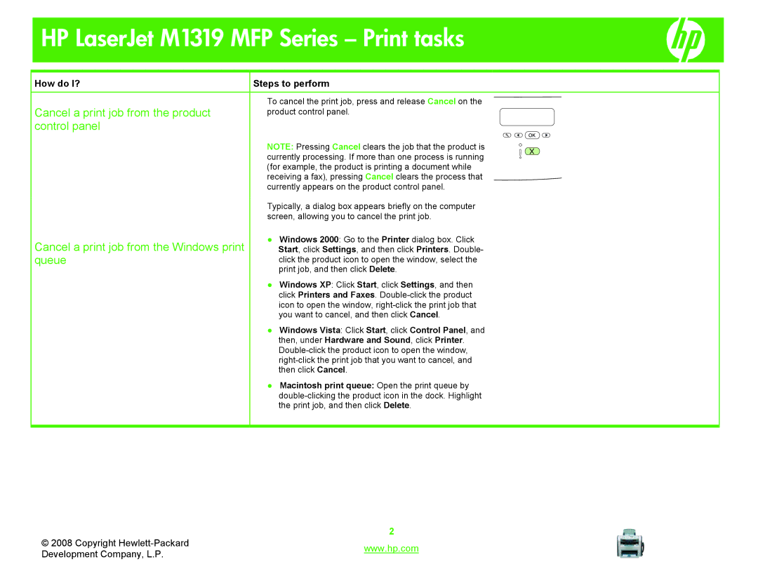 HP M1319 MFP manual Cancel a print job from the product, Control panel, Cancel a print job from the Windows print, Queue 