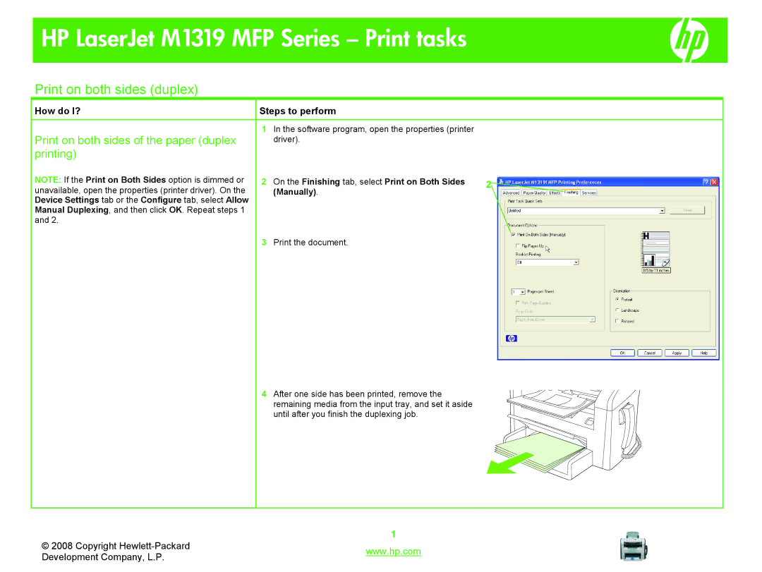 HP M1319 MFP manual Print on both sides duplex, Print on both sides of the paper duplex, Printing 