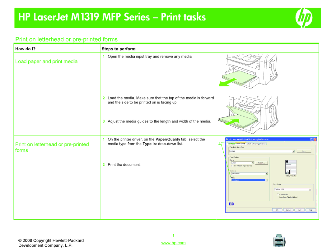 HP M1319 MFP manual Print on letterhead or pre-printed forms, Load paper and print media, Forms 