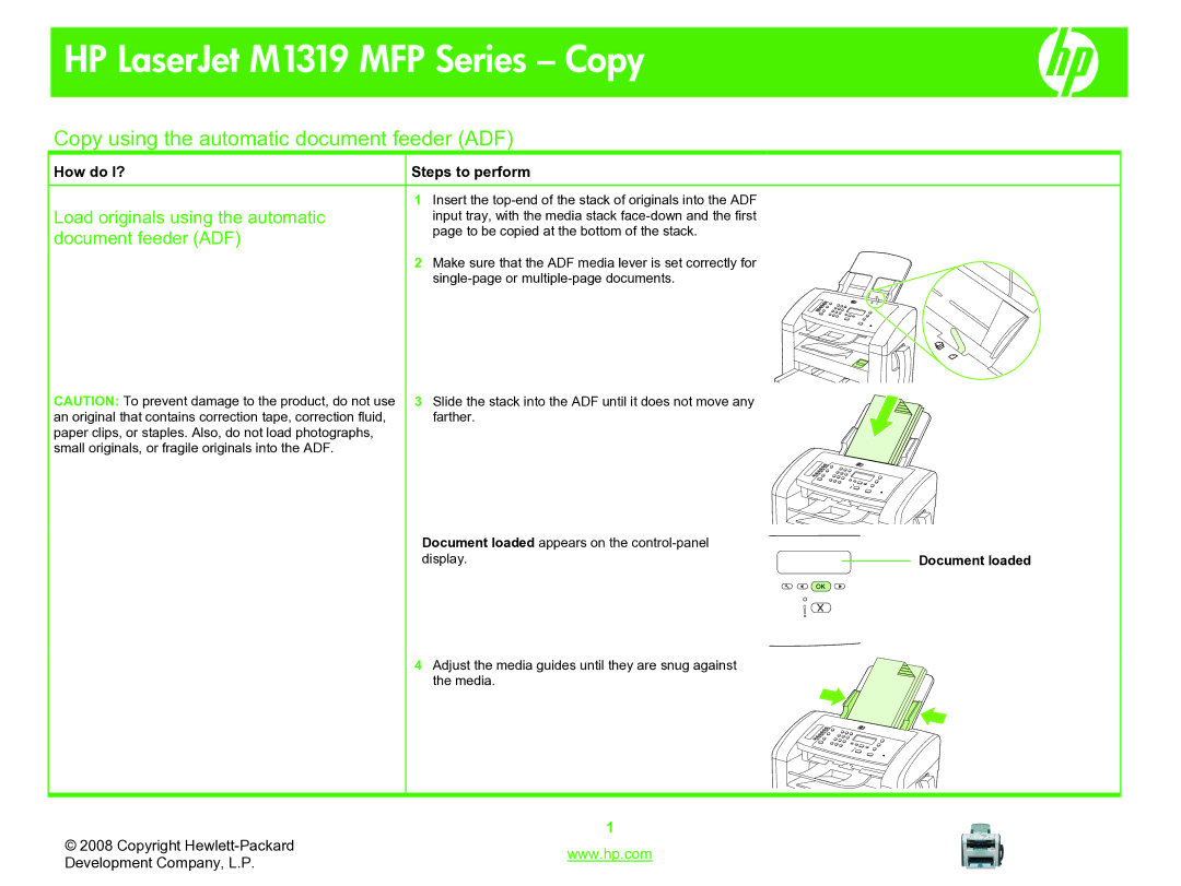 HP M1319 manual Copy using the automatic document feeder ADF, Load originals using the automatic, Document feeder ADF 