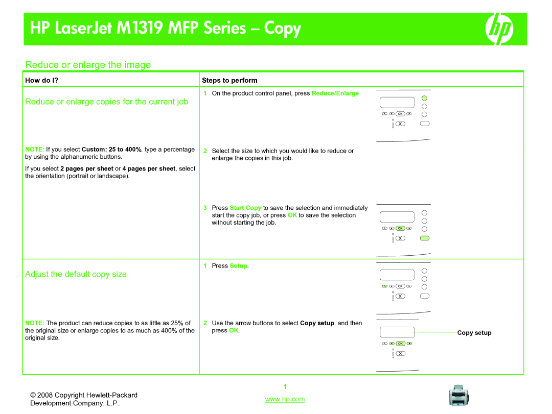 HP M1319 manual Reduce or enlarge the image, Reduce or enlarge copies for the current job, Adjust the default copy size 