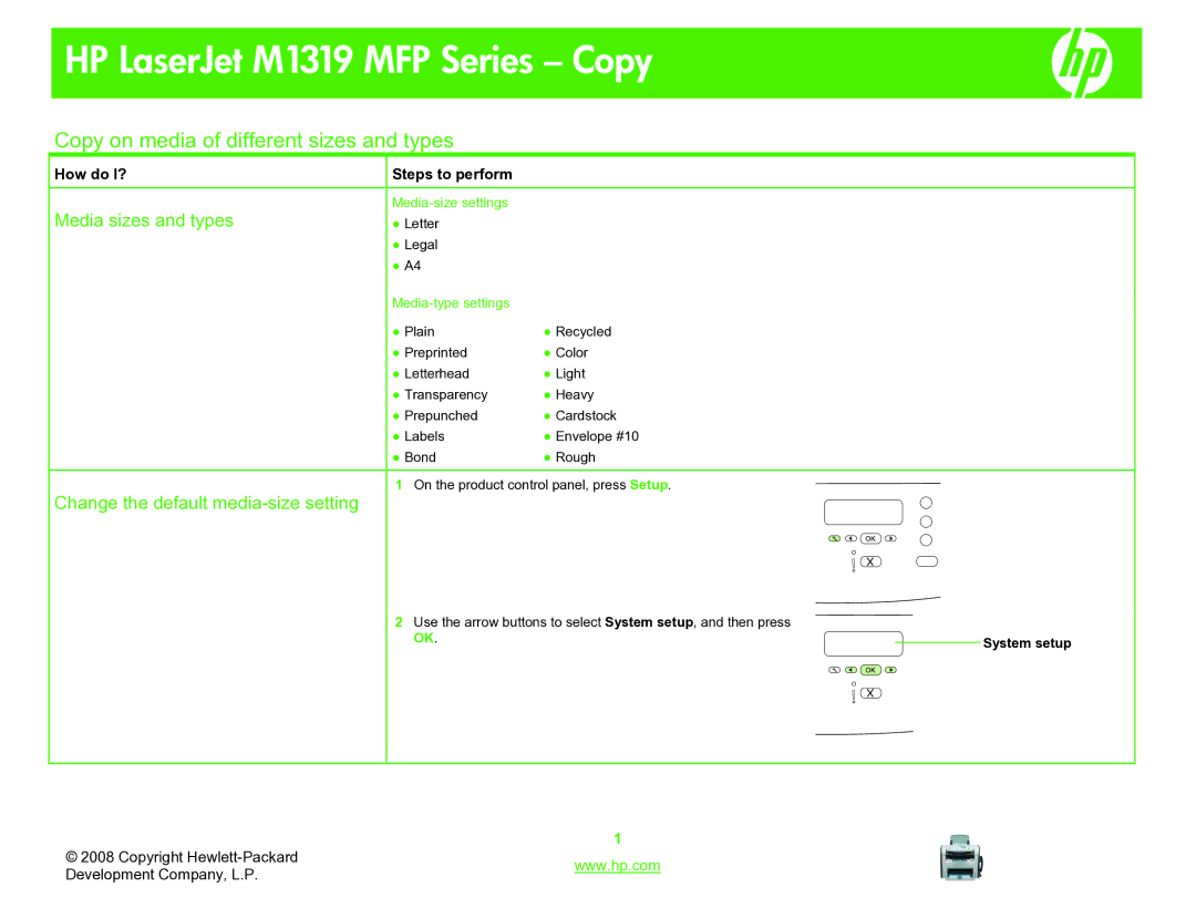 HP M1319 manual Copy on media of different sizes and types, Media sizes and types, Change the default media-size setting 