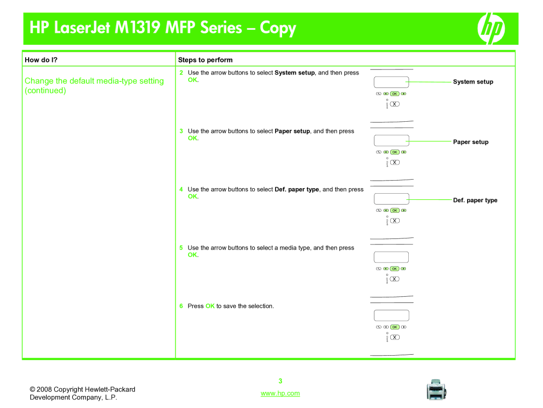 HP M1319 manual System setup Paper setup Def. paper type 