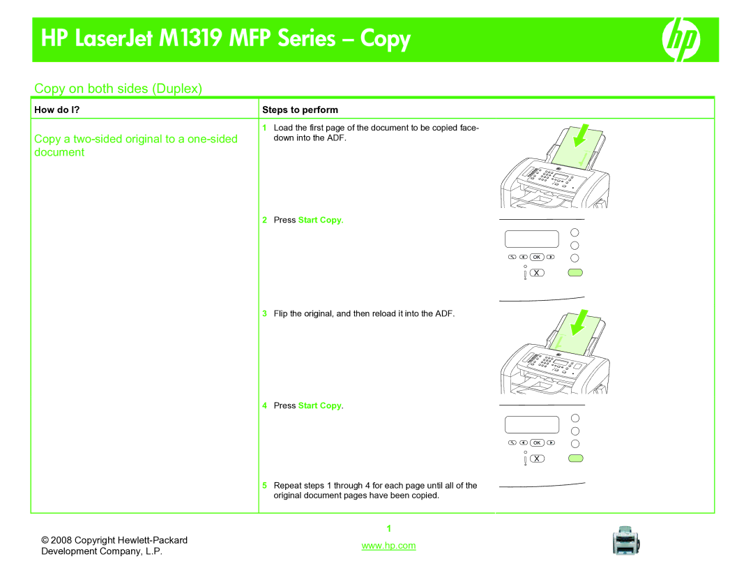 HP M1319 manual Copy on both sides Duplex, Copy a two-sided original to a one-sided, Document 