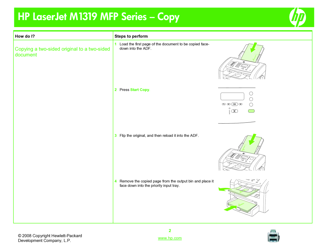 HP M1319 manual Copying a two-sided original to a two-sided, Document 