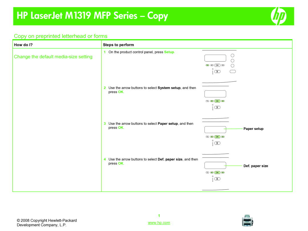 HP M1319 manual Copy on preprinted letterhead or forms, Change the default media-size setting, Paper setup, Def. paper size 