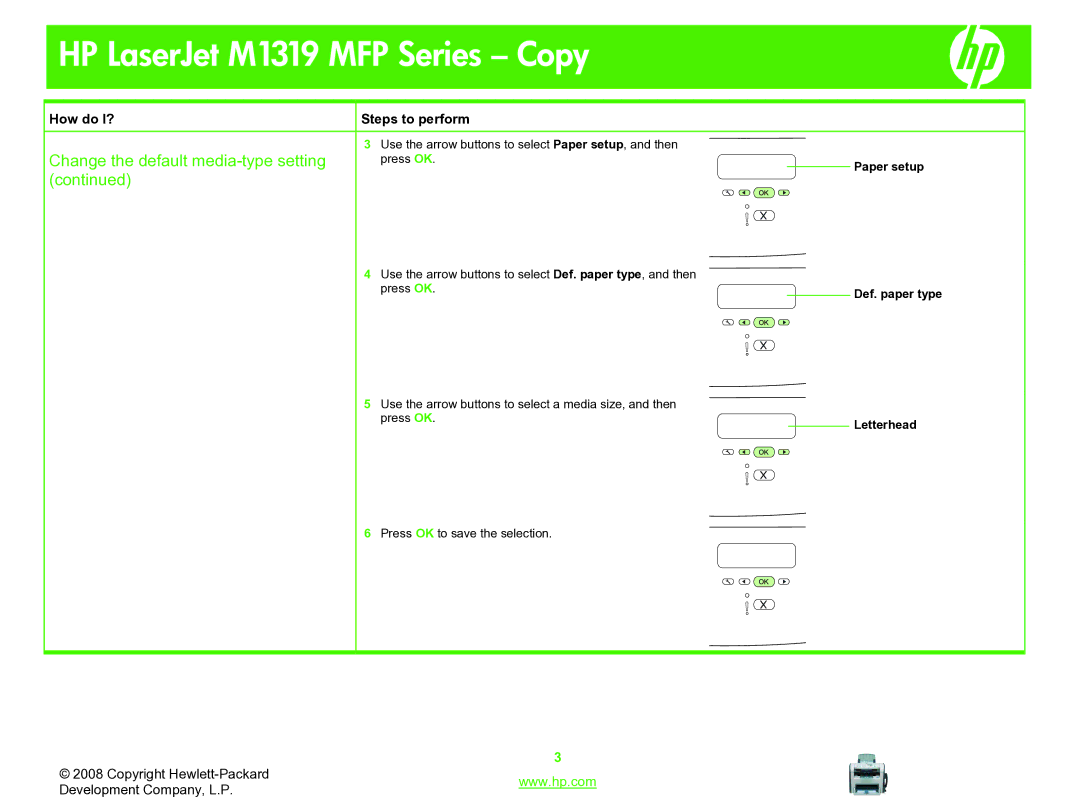 HP M1319 manual Paper setup, Def. paper type 