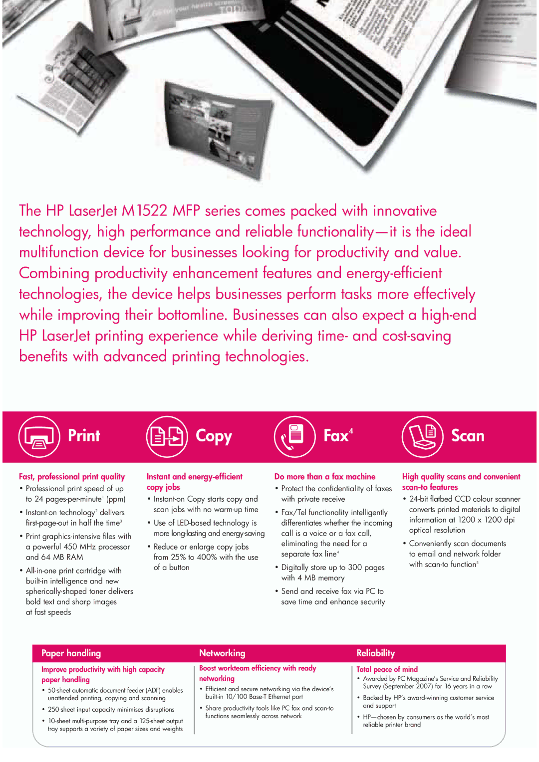 HP M1522 MFP manual Scan, Paper handling, Networking, Reliability 