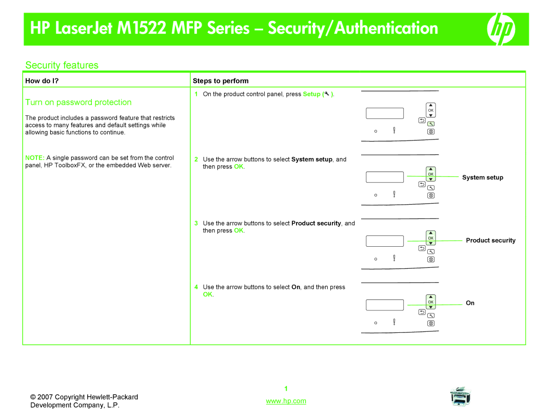 HP manual HP LaserJet M1522 MFP Series Security/Authentication, Security features, Turn on password protection 