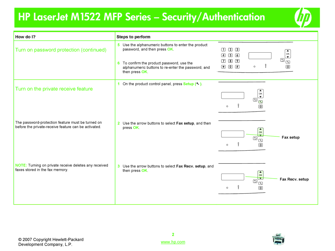 HP M1522 manual Turn on the private receive feature, Fax setup, Fax Recv. setup 