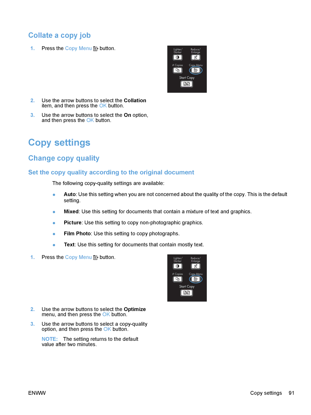 HP M1530 Copy settings, Collate a copy job, Change copy quality, Set the copy quality according to the original document 