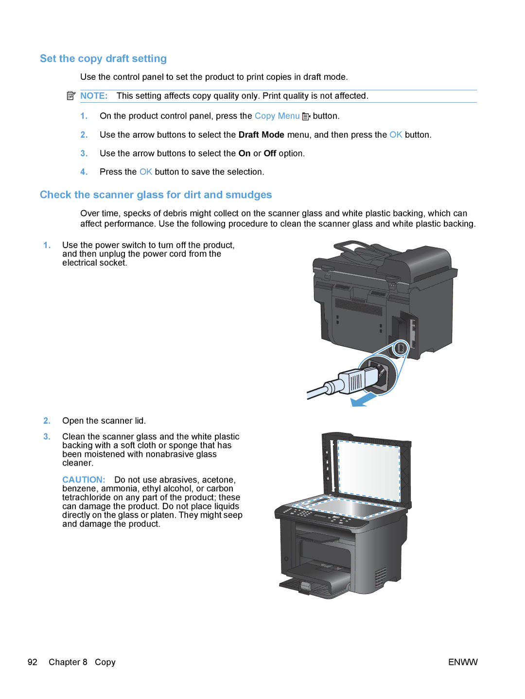 HP M1530 manual Set the copy draft setting, Check the scanner glass for dirt and smudges 