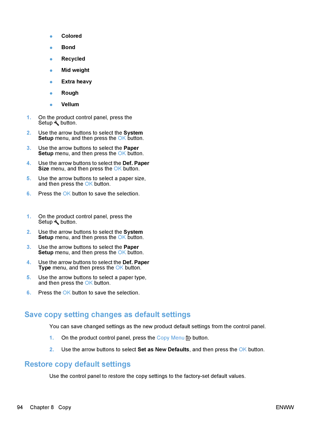 HP M1530 manual Save copy setting changes as default settings, Restore copy default settings 