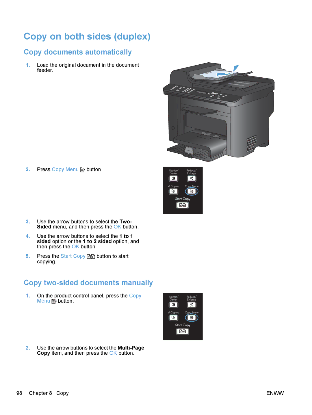 HP M1530 Copy on both sides duplex, Copy documents automatically, Copy two-sided documents manually 