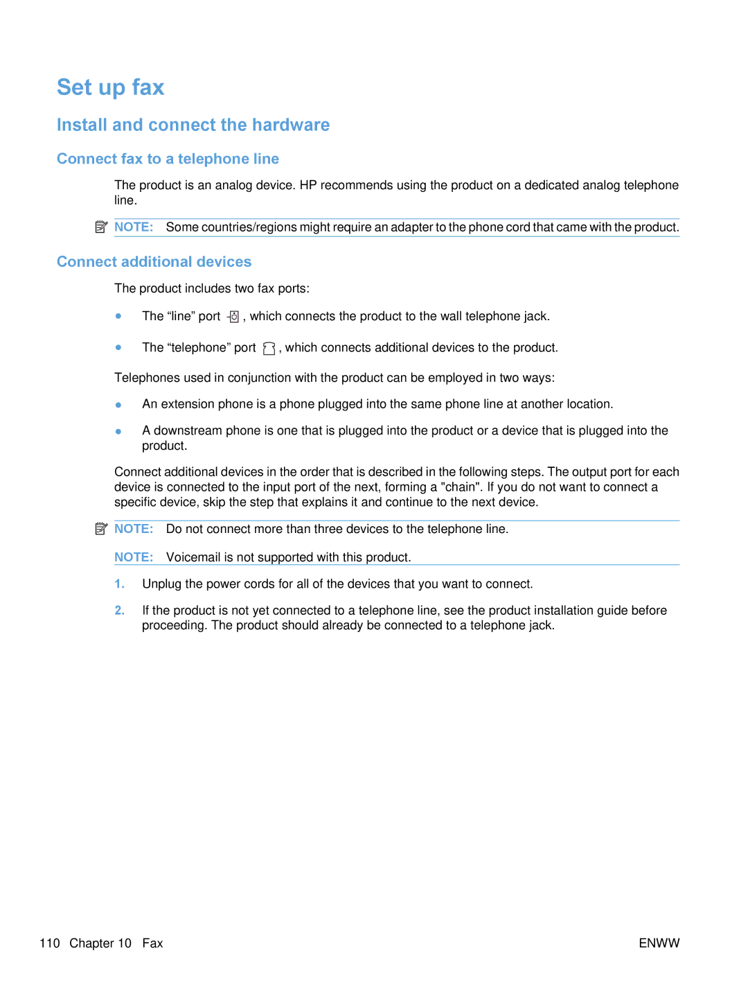 HP M1530 manual Set up fax, Install and connect the hardware, Connect fax to a telephone line, Connect additional devices 