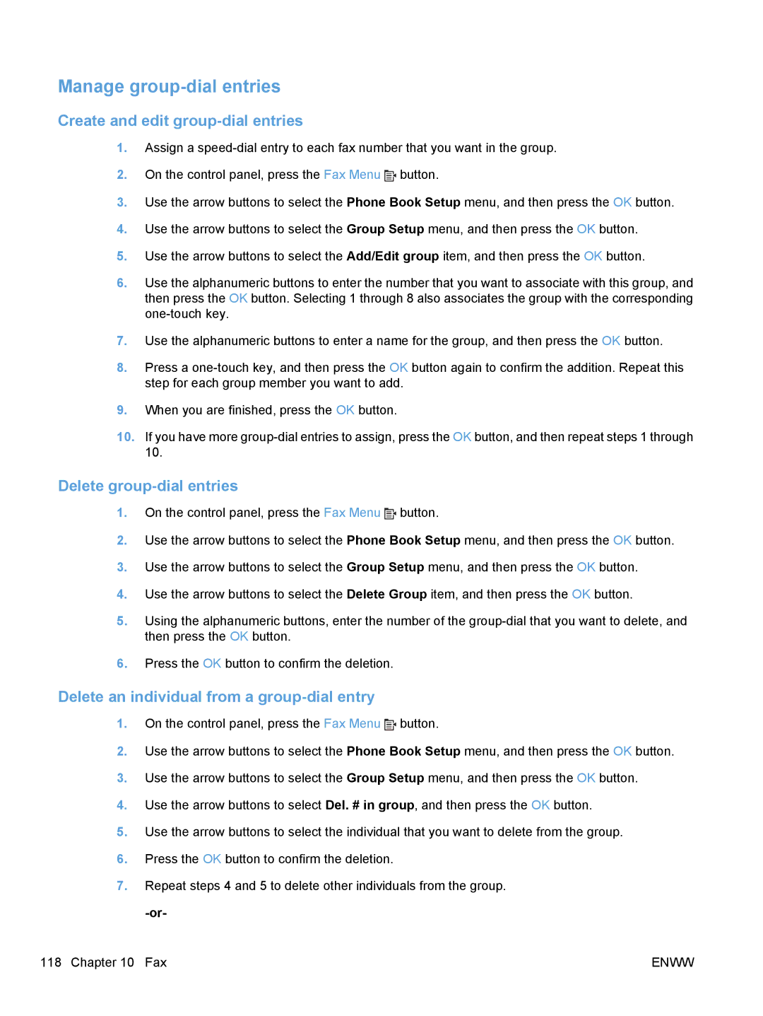 HP M1530 manual Manage group-dial entries, Create and edit group-dial entries, Delete group-dial entries 