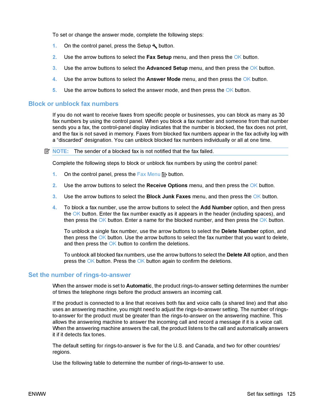 HP M1530 manual Block or unblock fax numbers, Set the number of rings-to-answer 