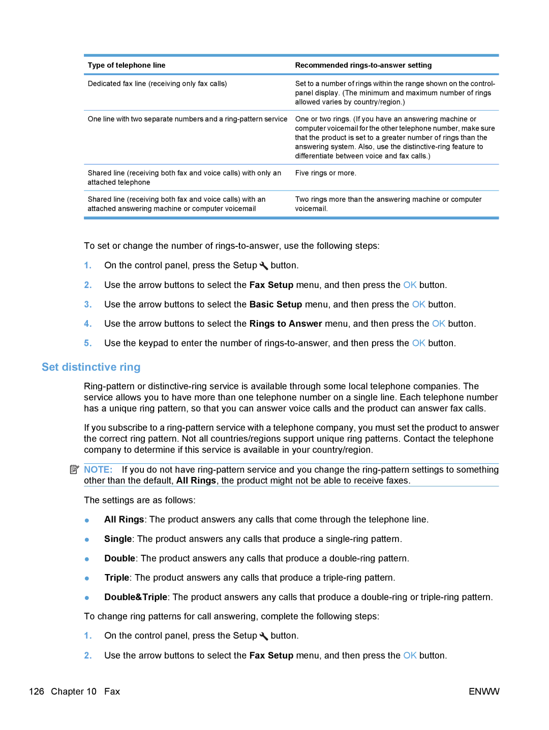 HP M1530 manual Set distinctive ring, Type of telephone line Recommended rings-to-answer setting 