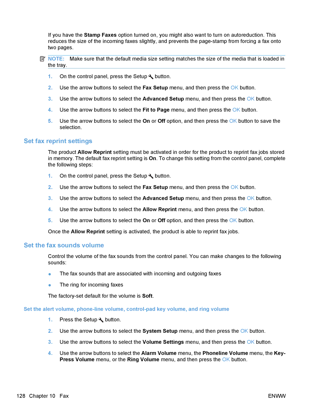 HP M1530 manual Set fax reprint settings, Set the fax sounds volume 
