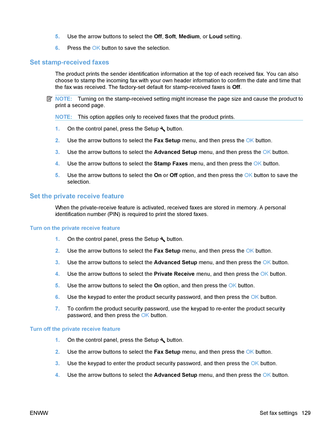 HP M1530 manual Set stamp-received faxes, Set the private receive feature, Turn on the private receive feature 