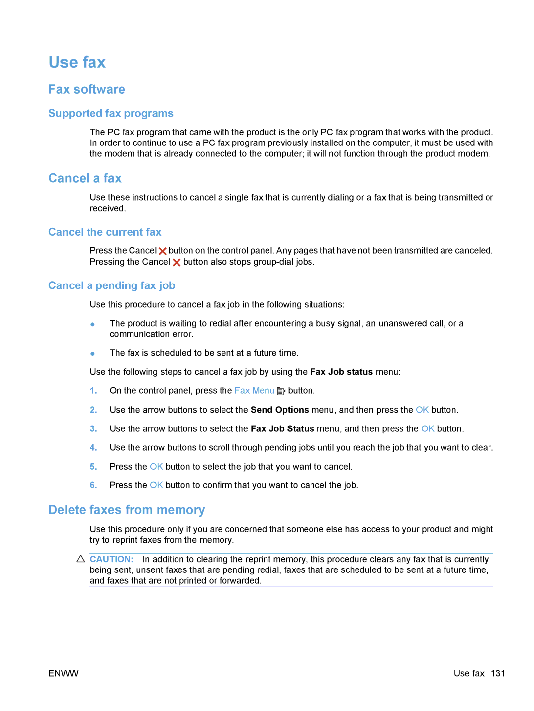 HP M1530 manual Use fax, Fax software, Cancel a fax, Delete faxes from memory 