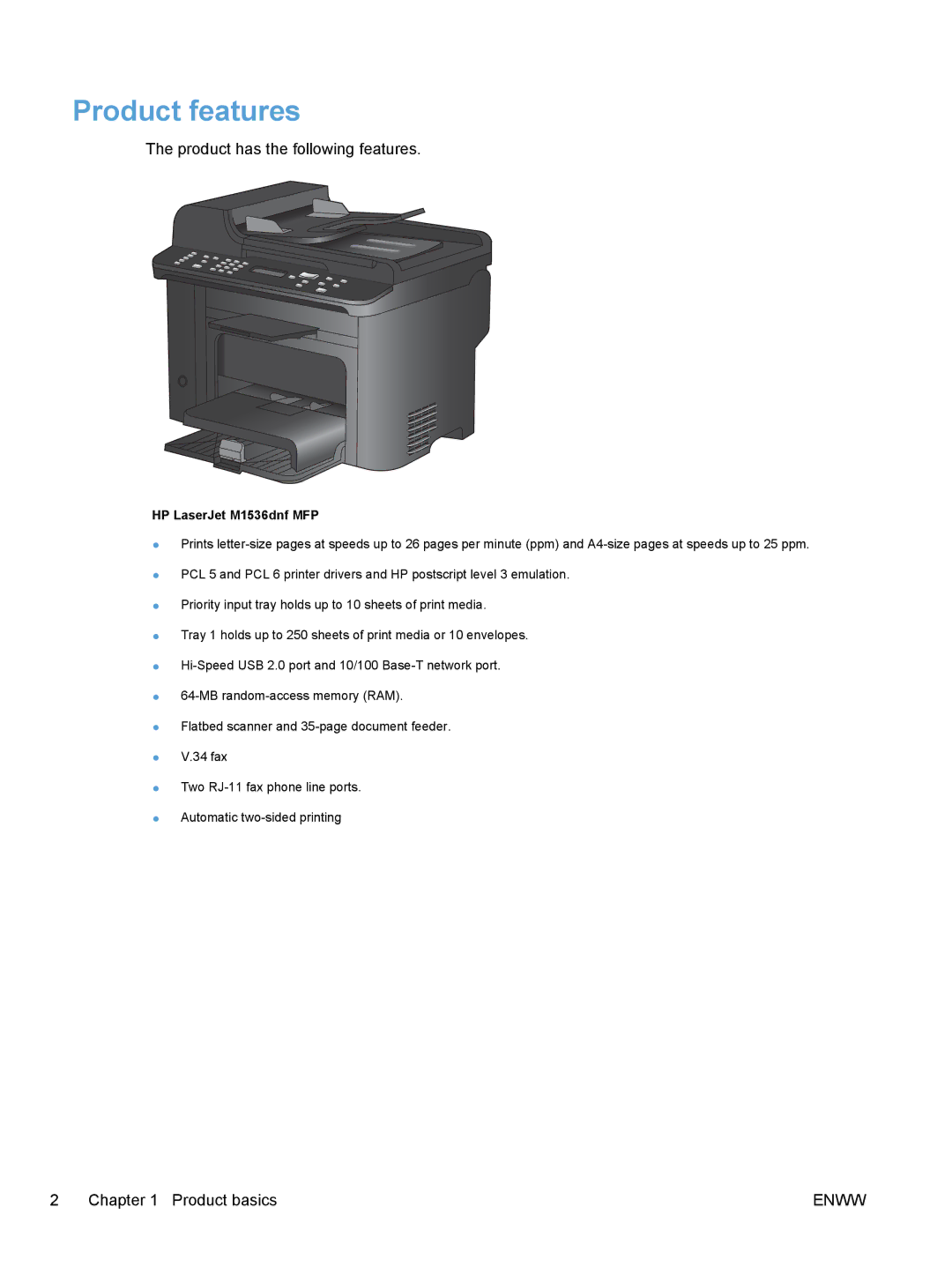 HP M1530 manual Product features, HP LaserJet M1536dnf MFP 