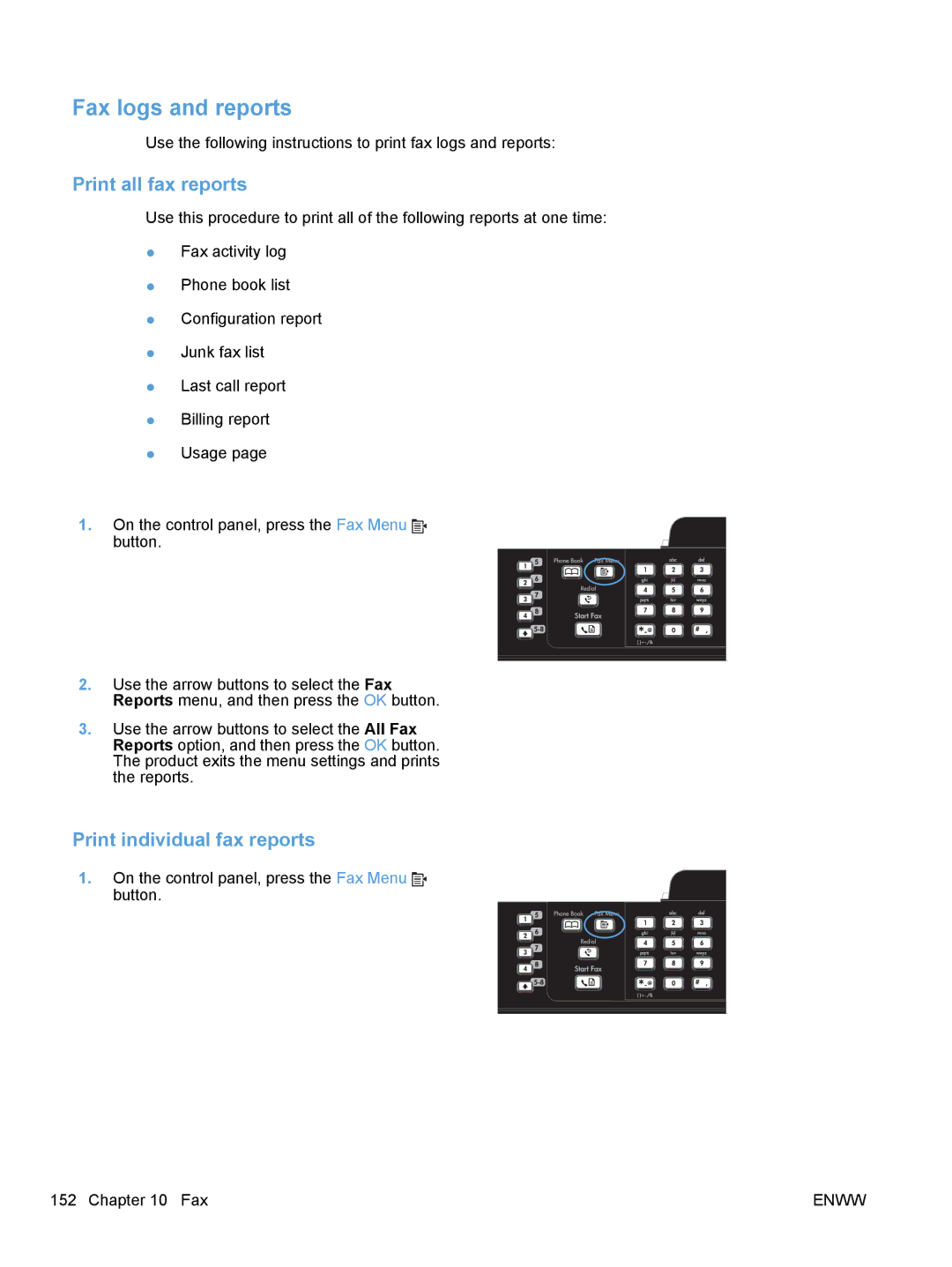 HP M1530 manual Fax logs and reports, Print all fax reports, Print individual fax reports 