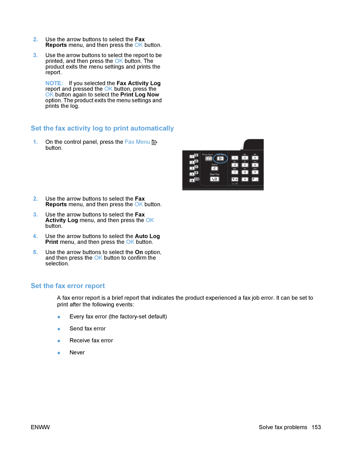 HP M1530 manual Set the fax activity log to print automatically, Set the fax error report 