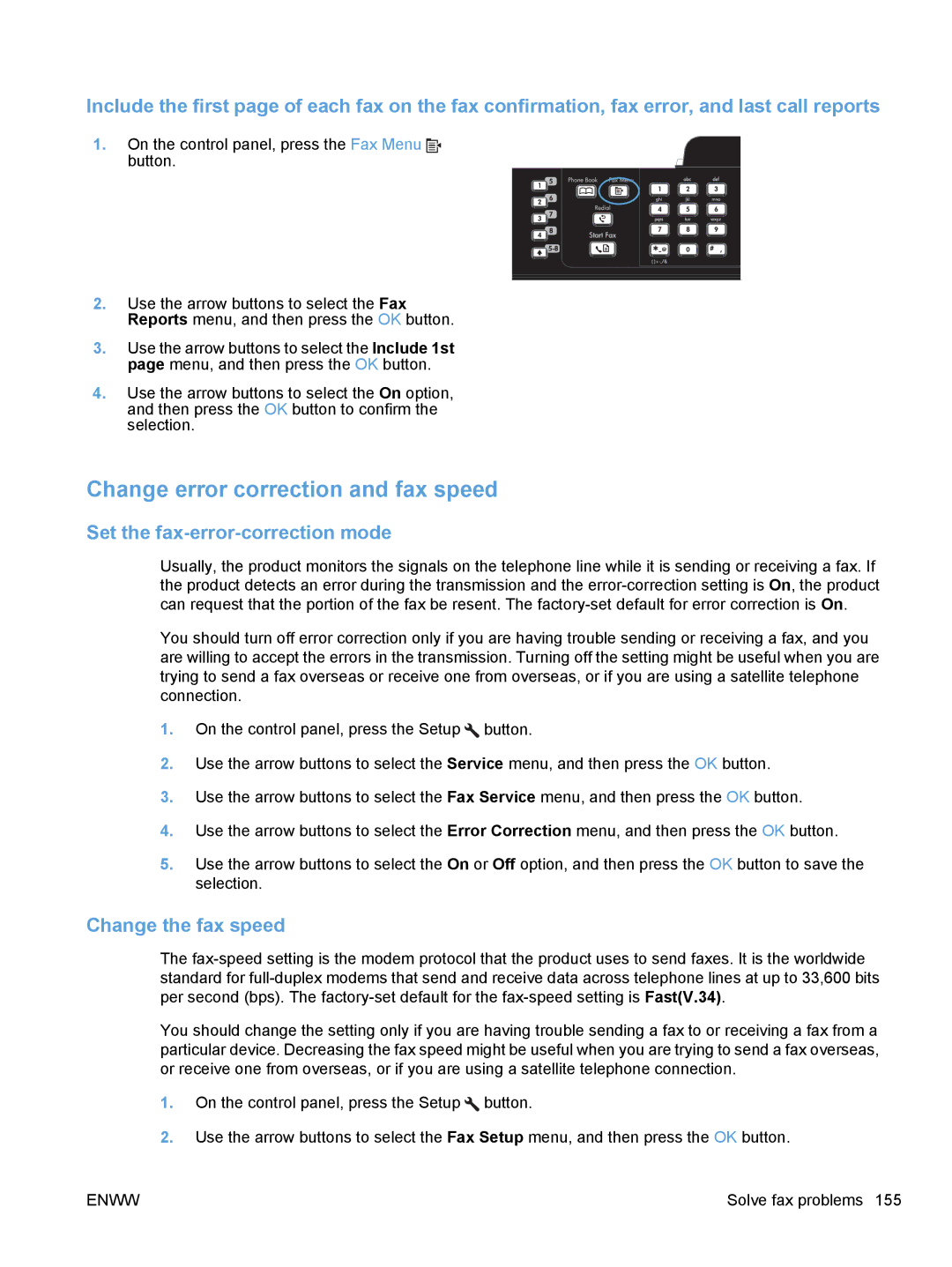 HP M1530 manual Change error correction and fax speed, Set the fax-error-correction mode, Change the fax speed 