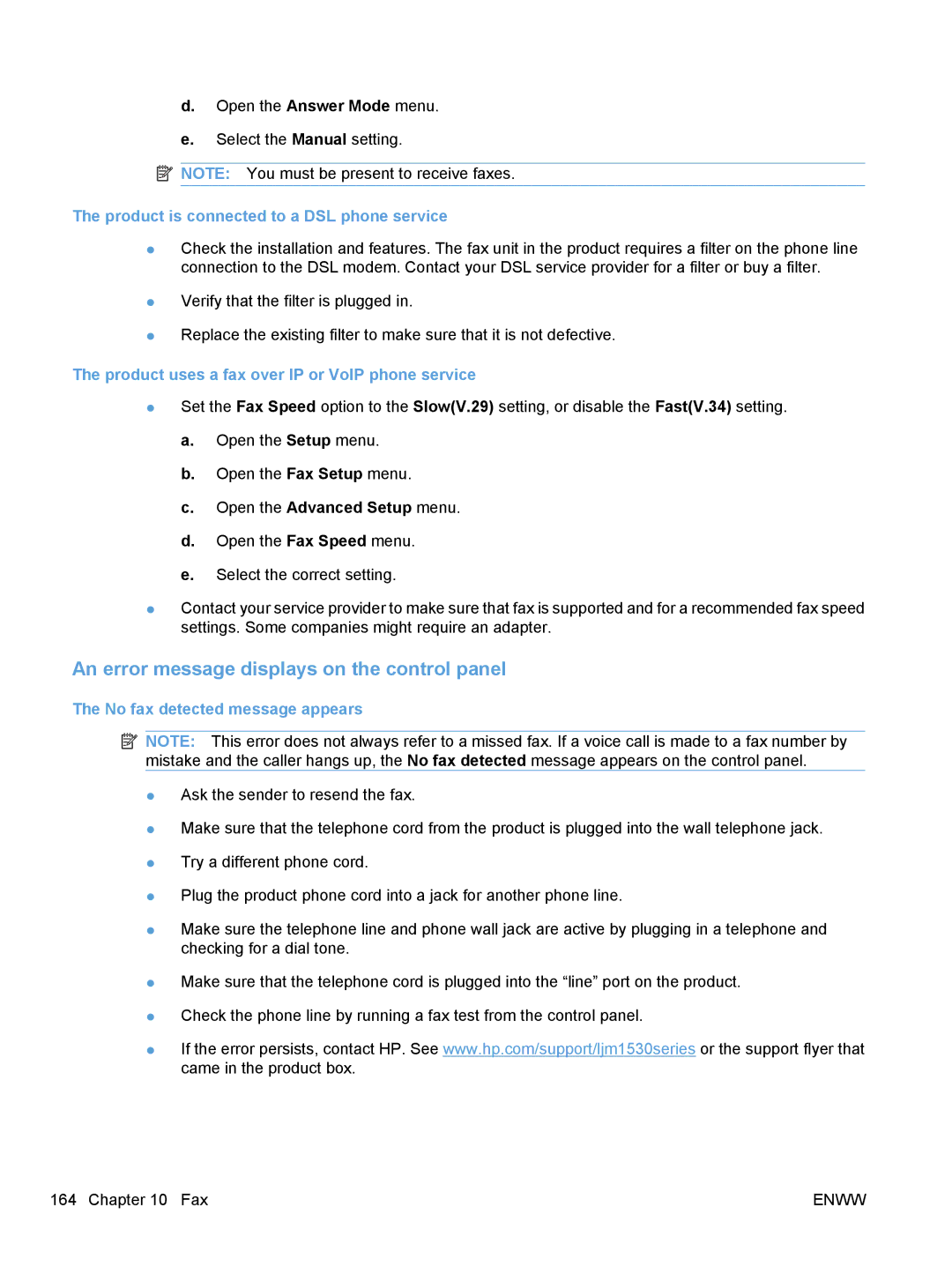 HP M1530 manual Product is connected to a DSL phone service, Product uses a fax over IP or VoIP phone service 