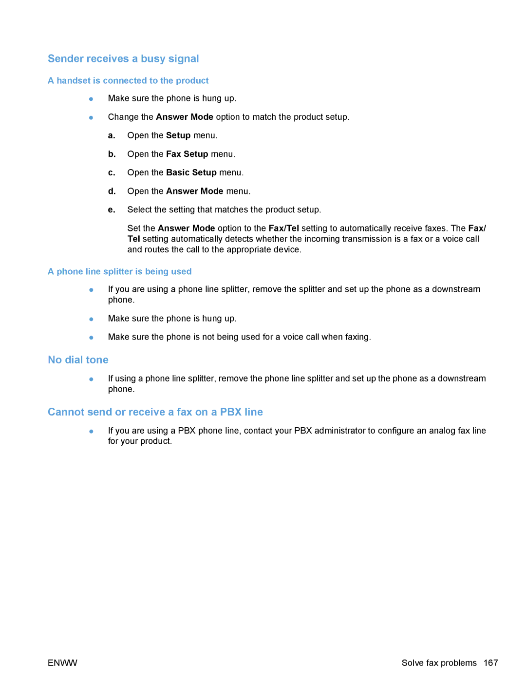 HP M1530 manual Sender receives a busy signal, No dial tone, Cannot send or receive a fax on a PBX line 