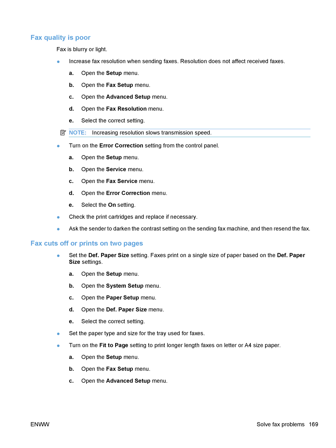 HP M1530 manual Fax quality is poor, Fax cuts off or prints on two pages 