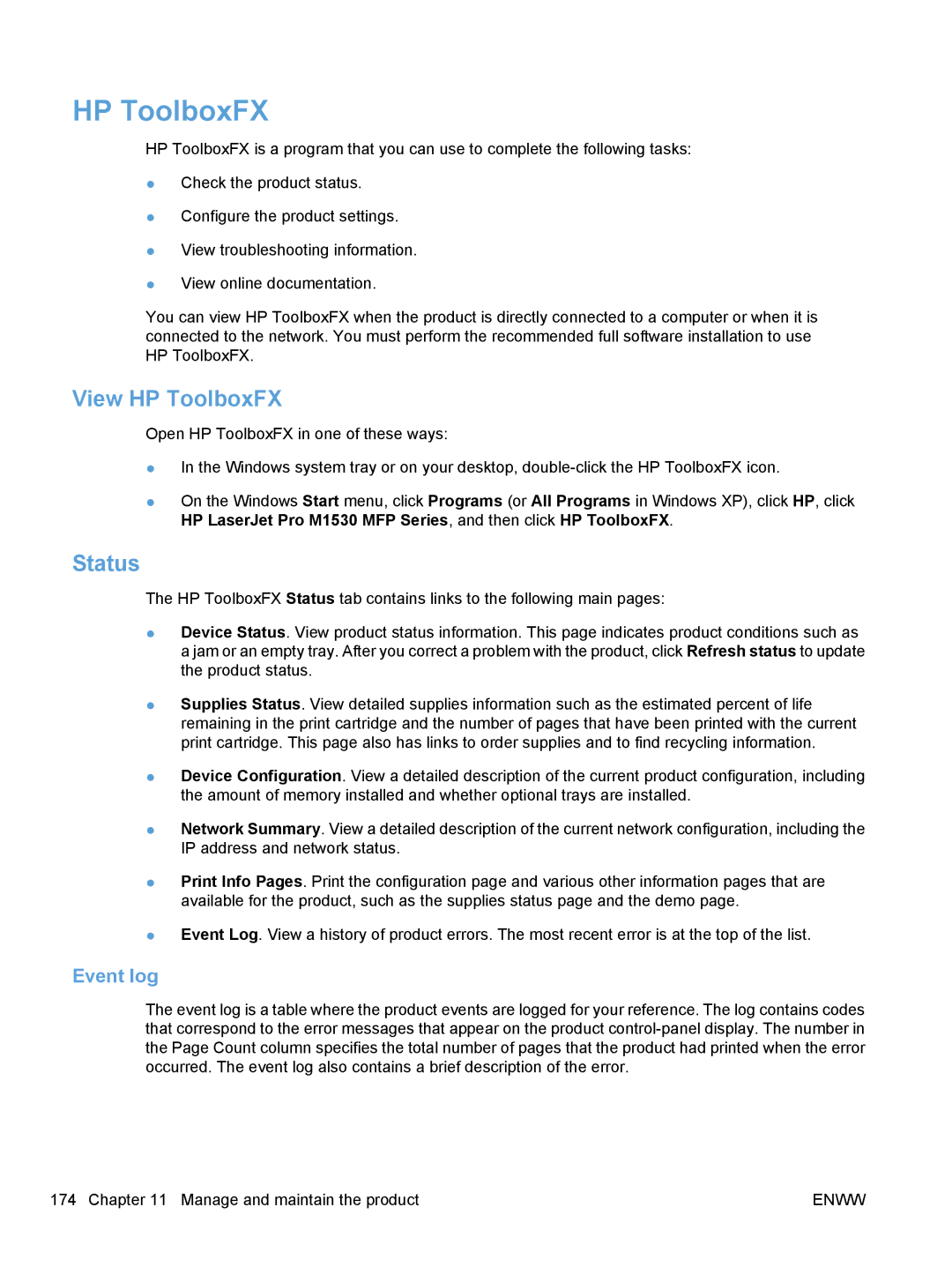 HP M1530 manual View HP ToolboxFX, Status, Event log 