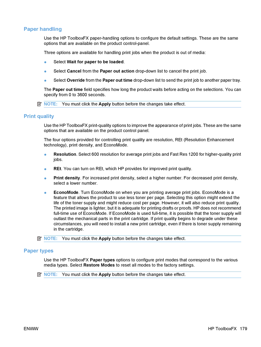 HP M1530 manual Paper handling, Print quality, Paper types 