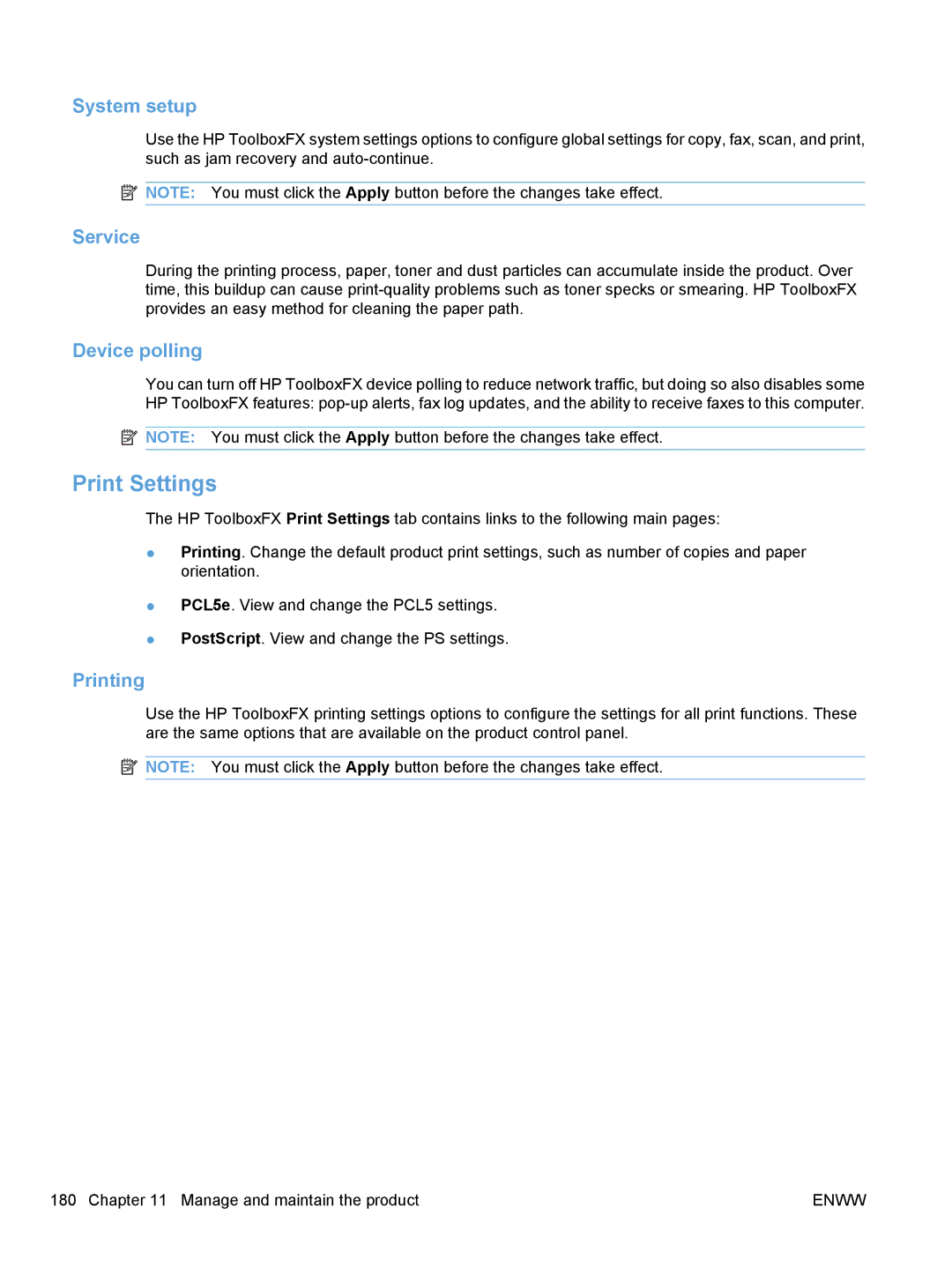 HP M1530 manual Print Settings, System setup, Service, Device polling, Printing 