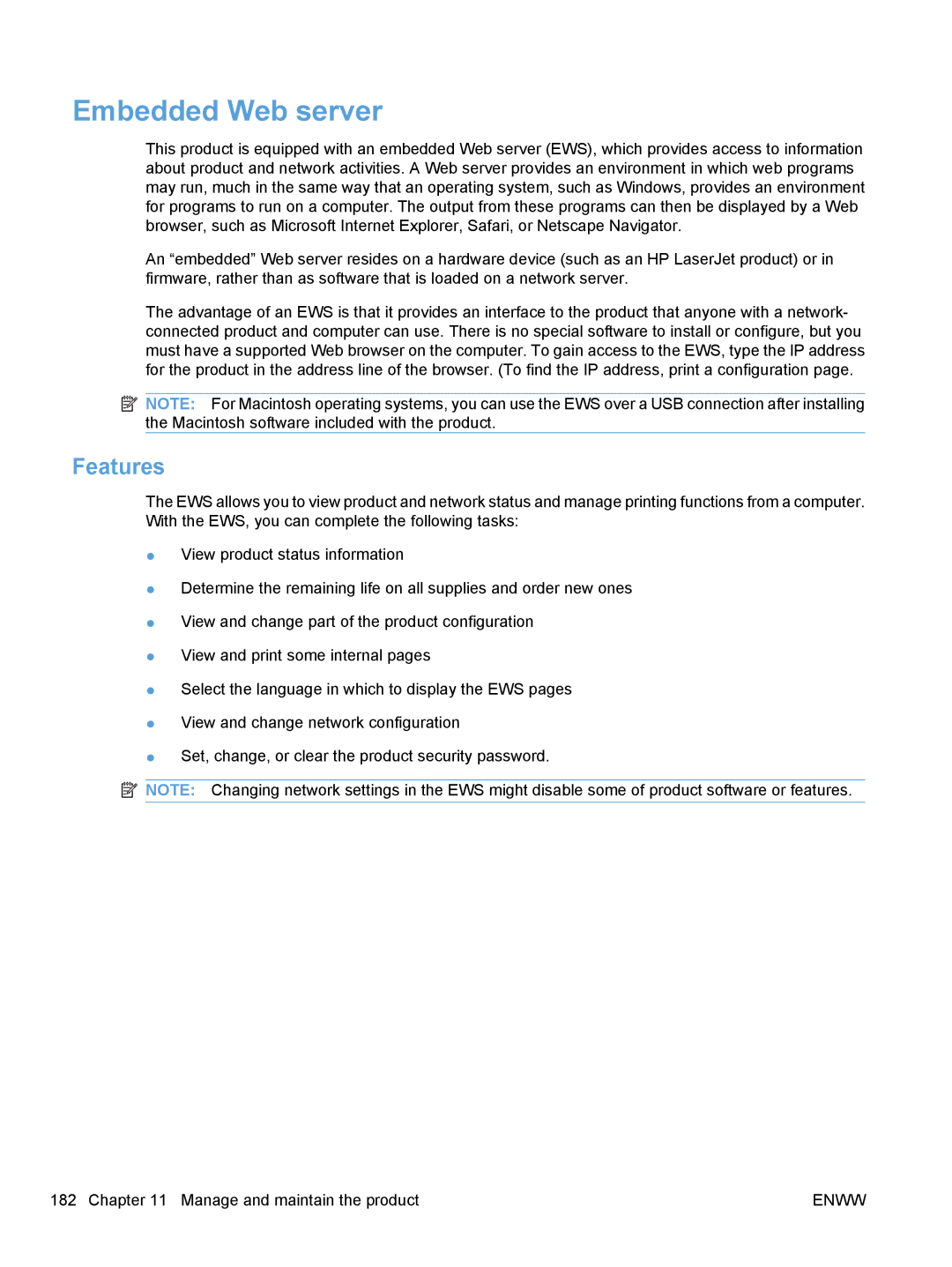 HP M1530 manual Embedded Web server, Features 