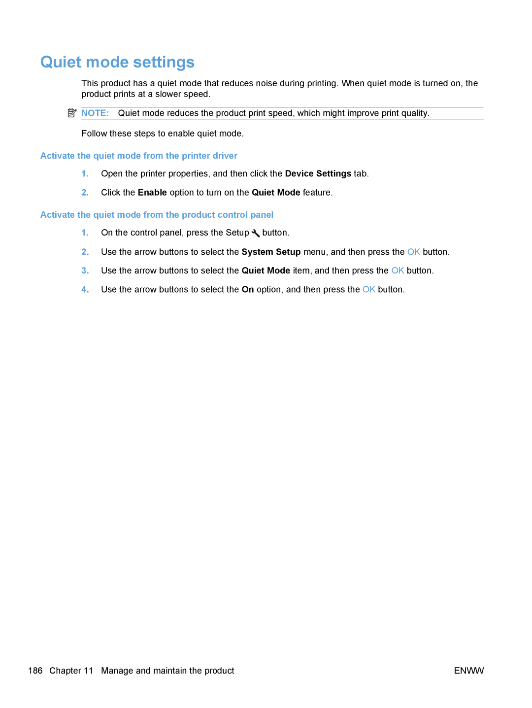 HP M1530 manual Quiet mode settings, Activate the quiet mode from the printer driver 