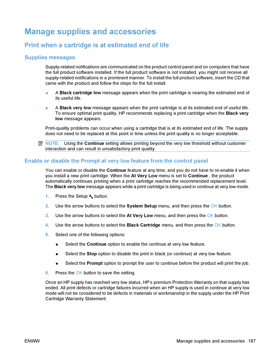 HP M1530 manual Manage supplies and accessories, Print when a cartridge is at estimated end of life, Supplies messages 