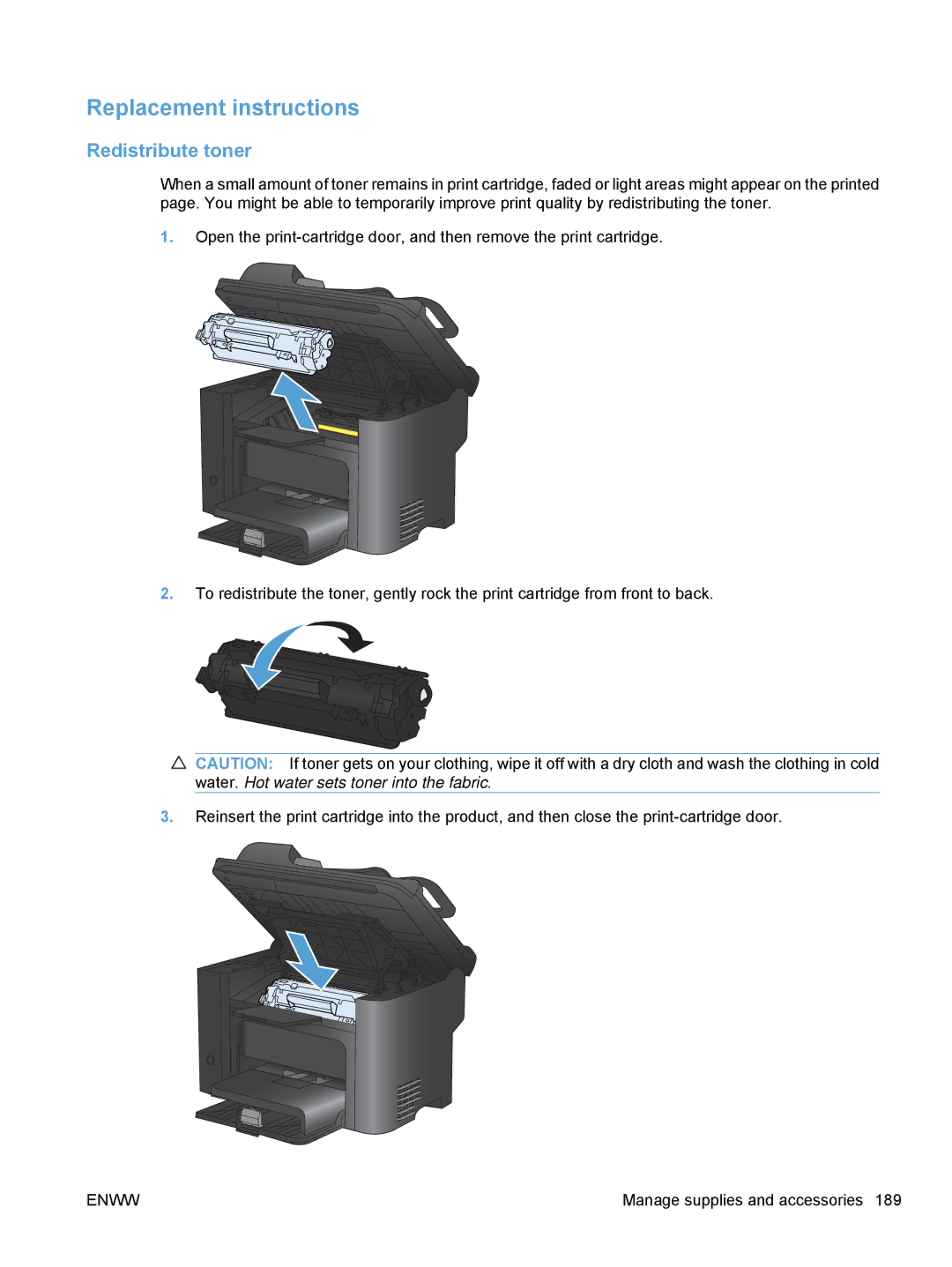 HP M1530 manual Replacement instructions, Redistribute toner 