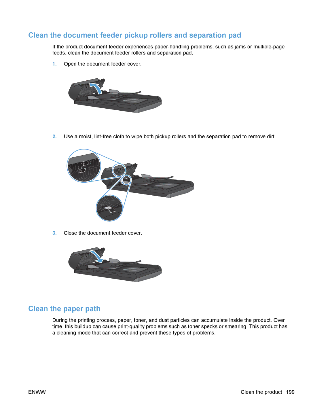 HP M1530 manual Clean the document feeder pickup rollers and separation pad, Clean the paper path 