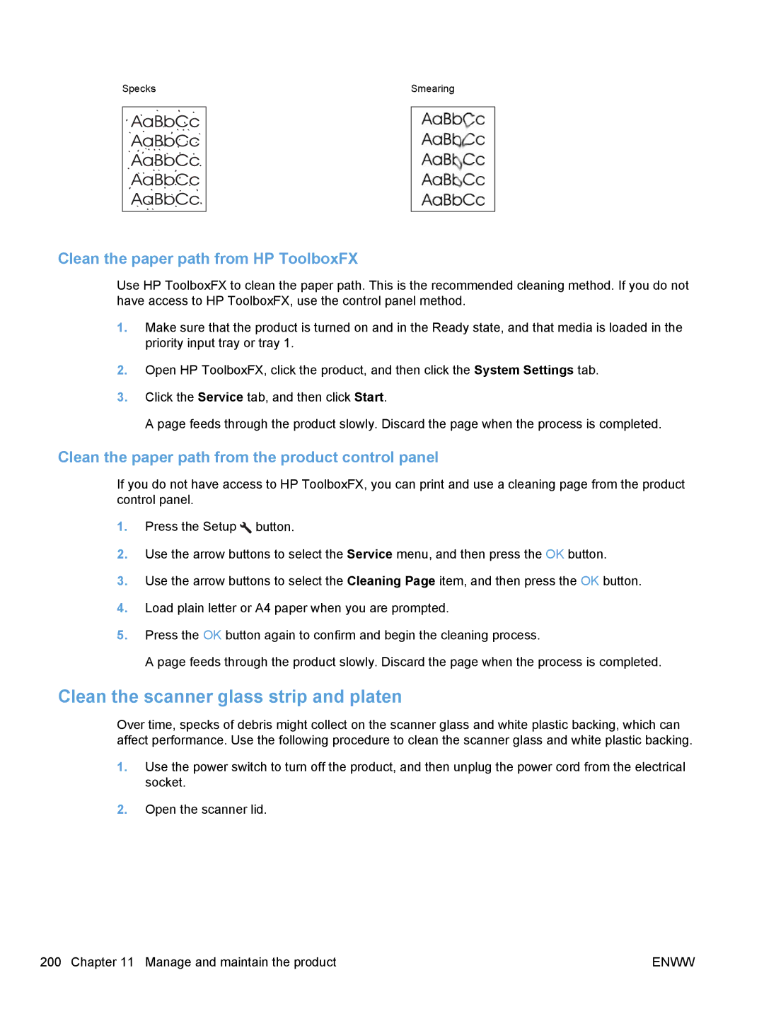 HP M1530 manual Clean the scanner glass strip and platen, Clean the paper path from HP ToolboxFX 