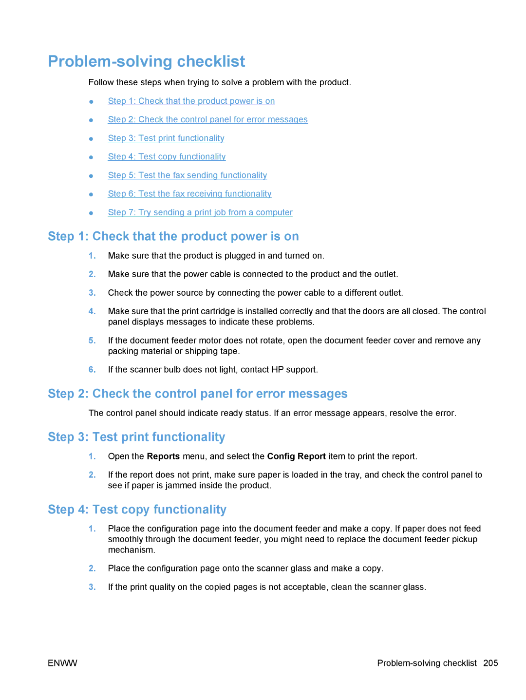 HP M1530 manual Problem-solving checklist, Check that the product power is on, Check the control panel for error messages 