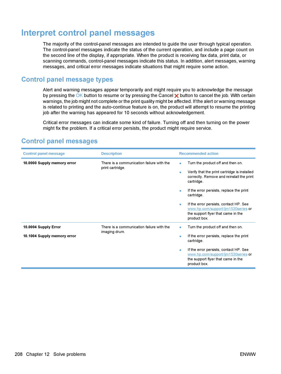 HP M1530 manual Interpret control panel messages, Control panel message types, Control panel messages 