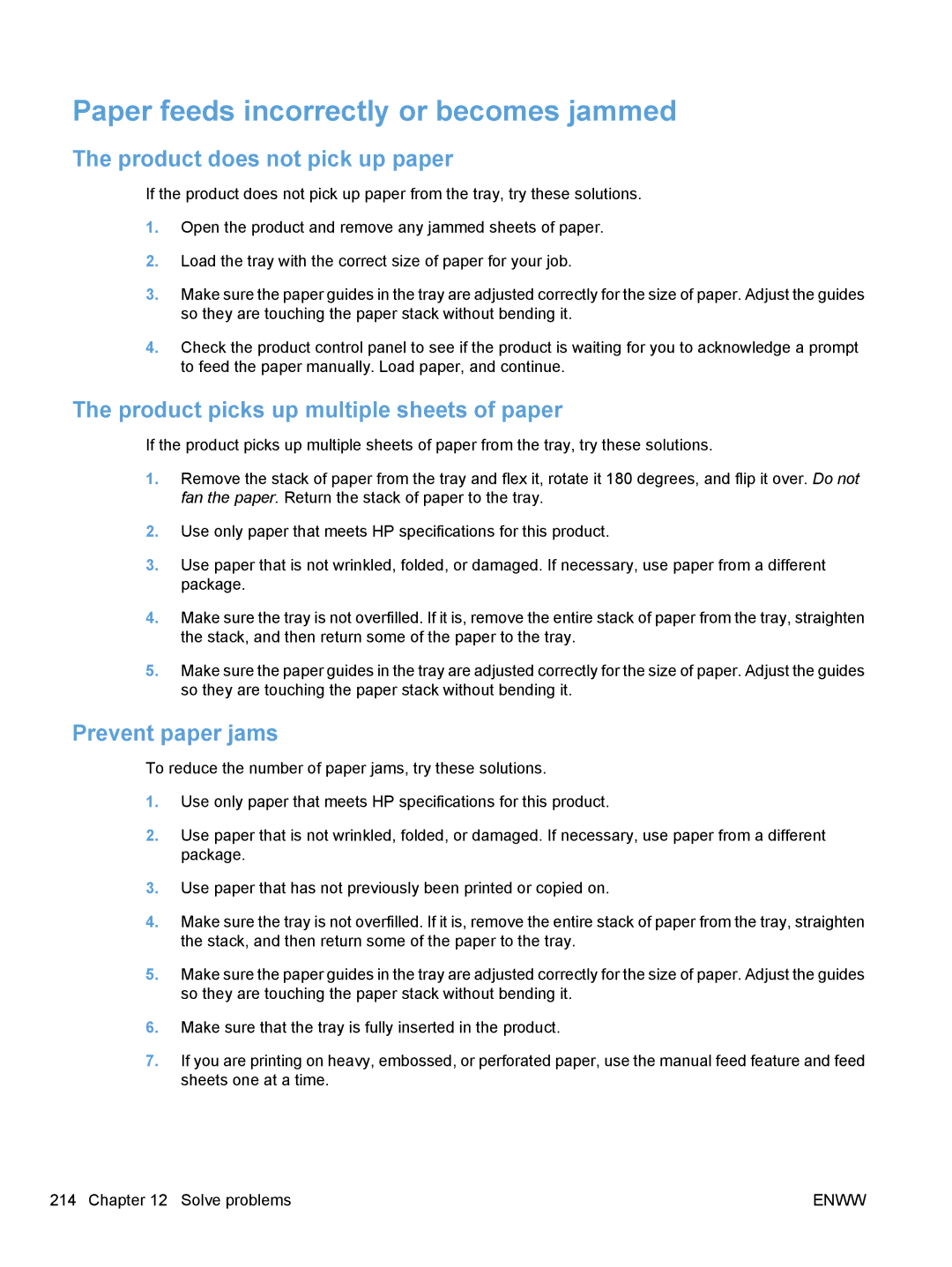 HP M1530 manual Paper feeds incorrectly or becomes jammed, Product does not pick up paper, Prevent paper jams 