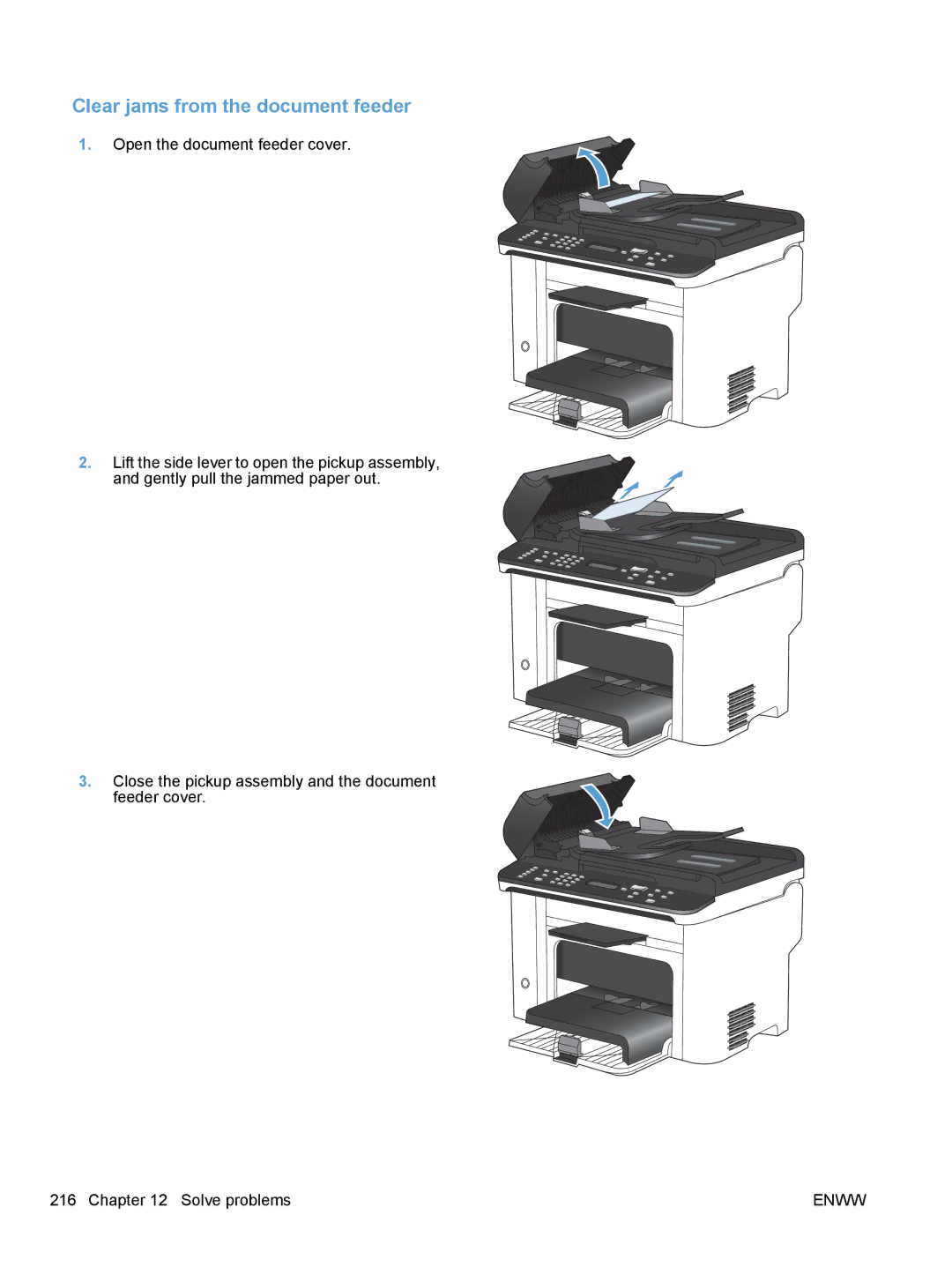 HP M1530 manual Clear jams from the document feeder 