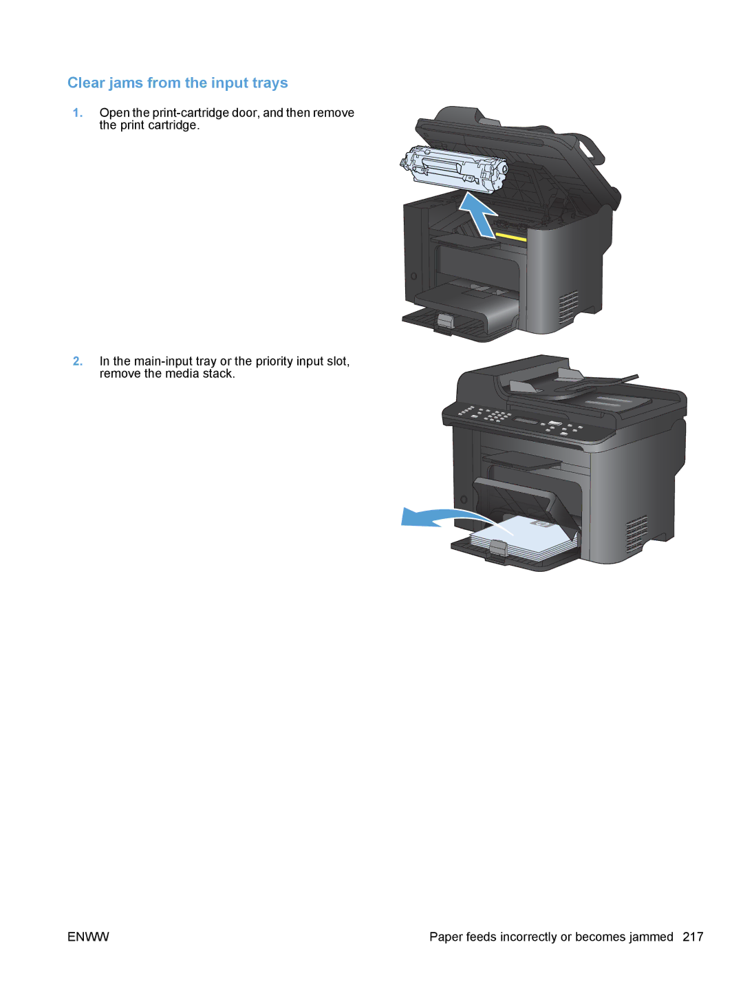 HP M1530 manual Clear jams from the input trays 