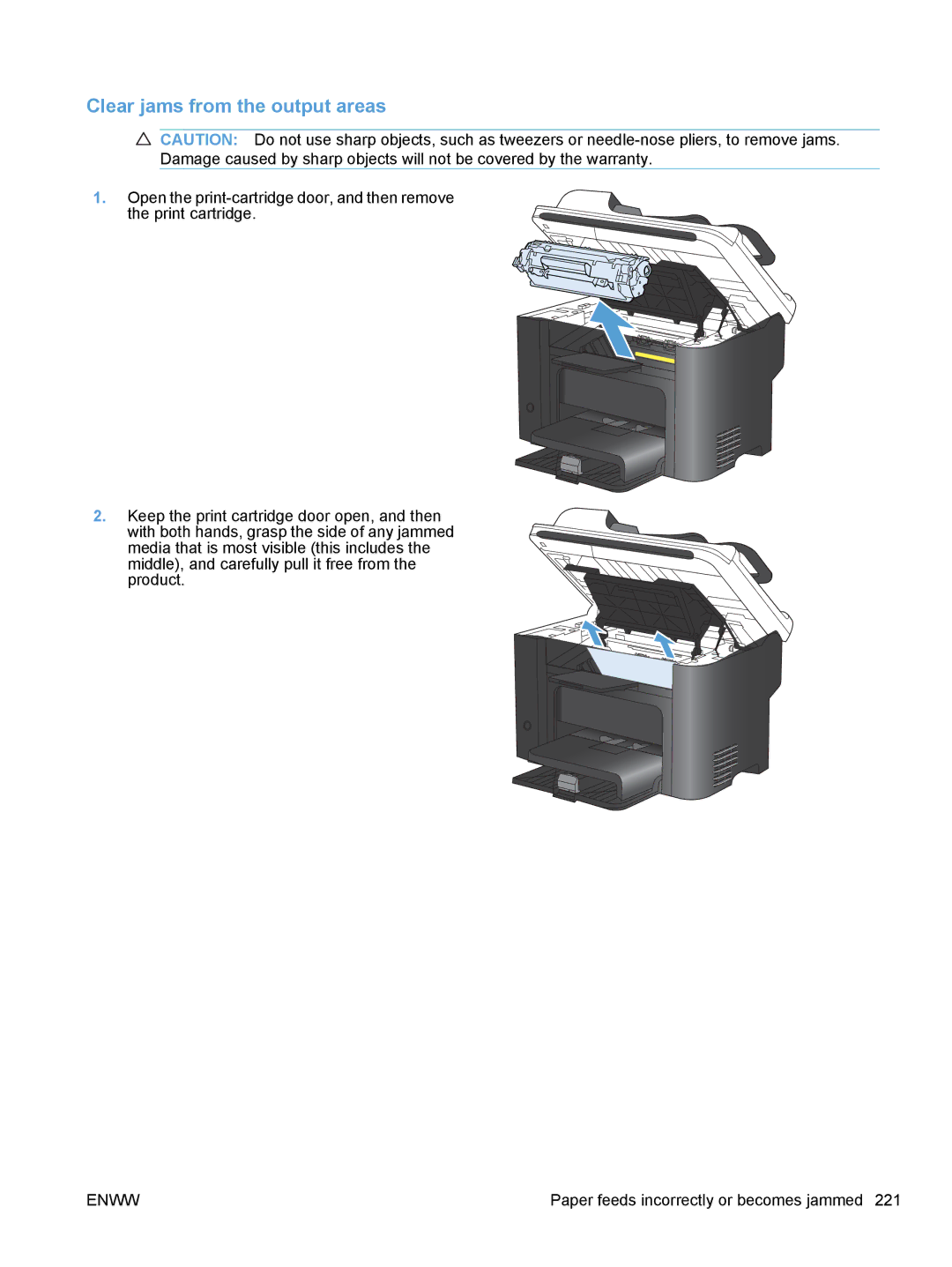 HP M1530 manual Clear jams from the output areas 