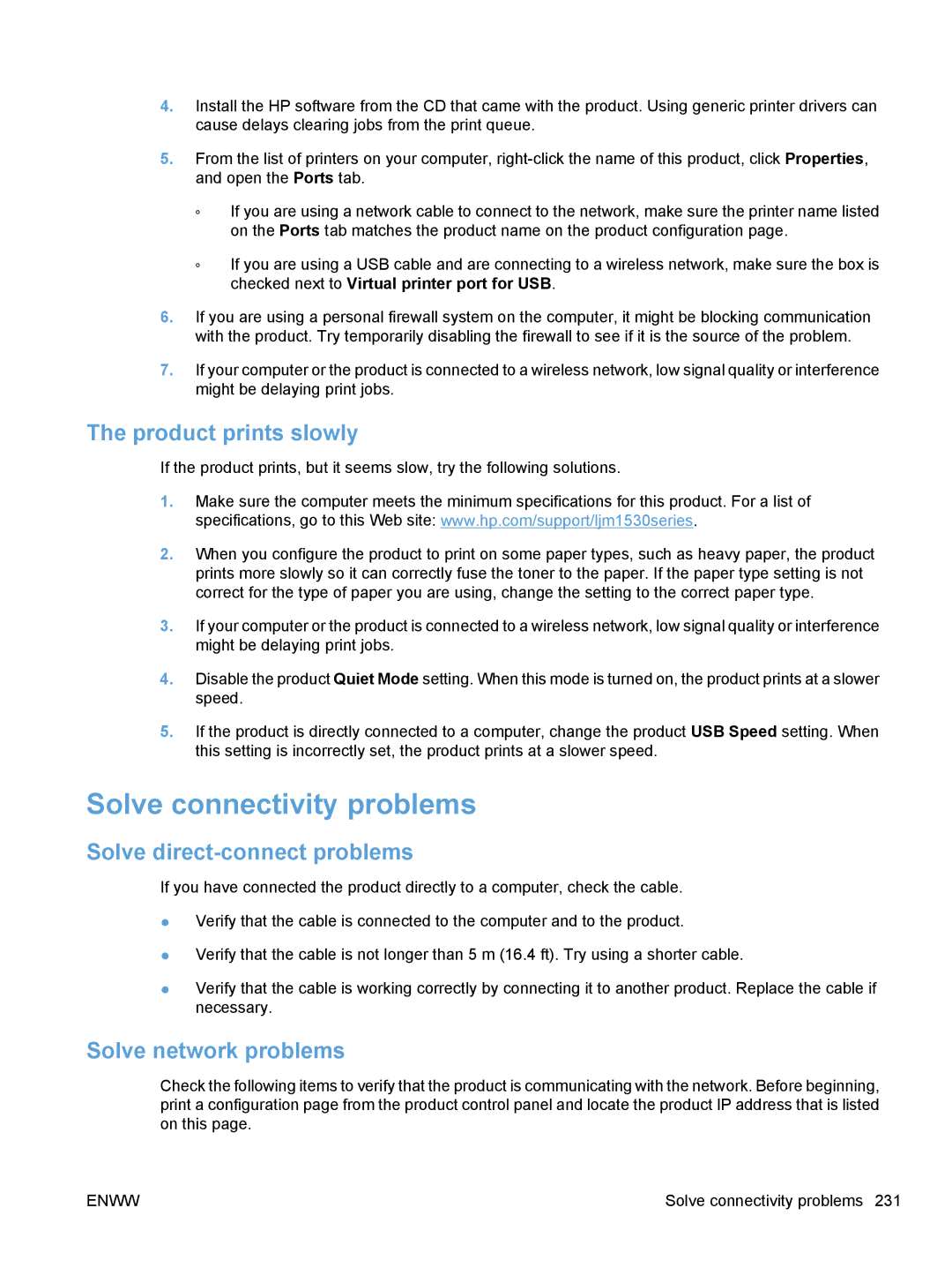 HP M1530 manual Solve connectivity problems, Product prints slowly, Solve direct-connect problems, Solve network problems 