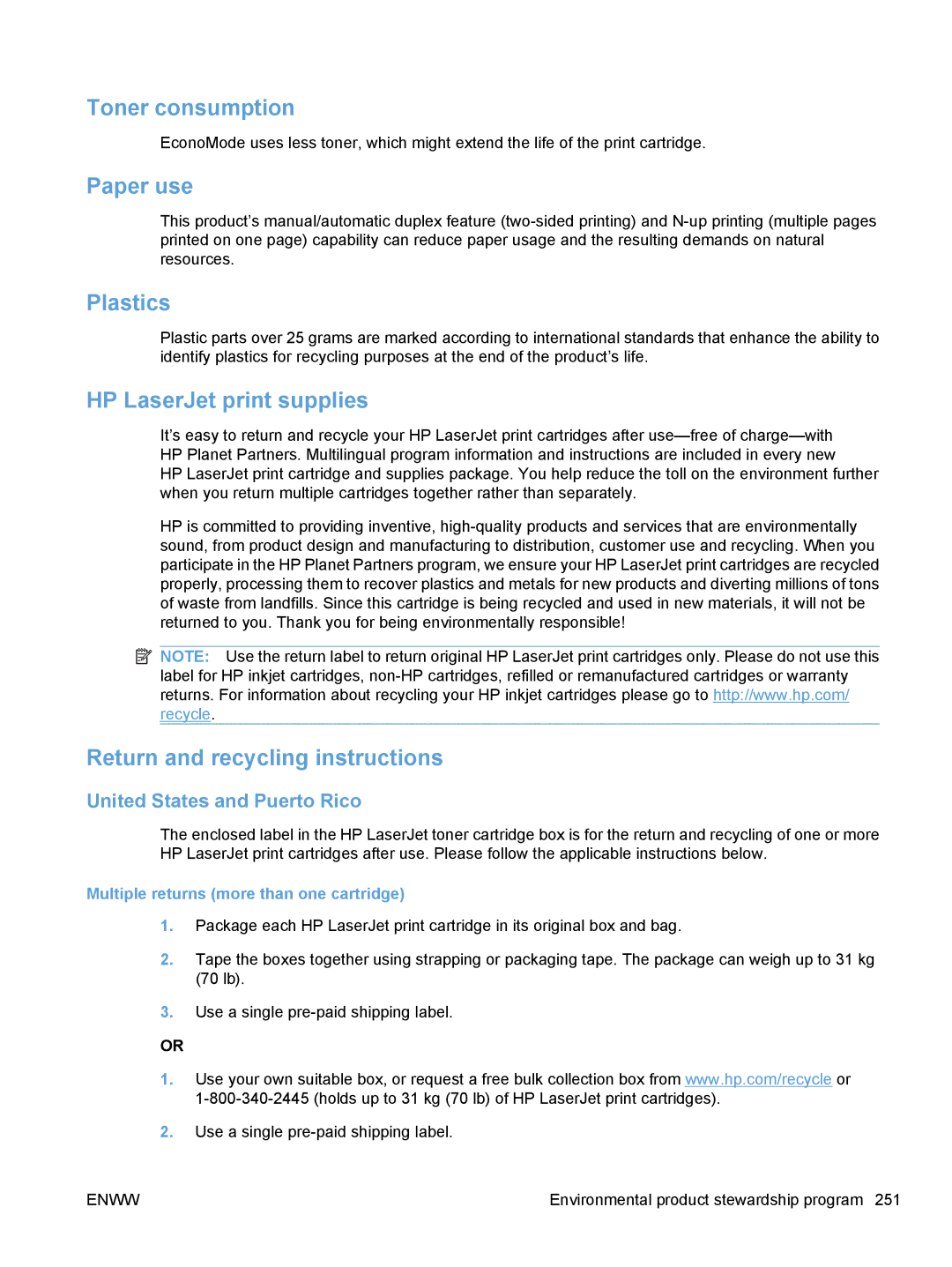 HP M1530 manual Toner consumption, Paper use, Plastics, HP LaserJet print supplies, Return and recycling instructions 