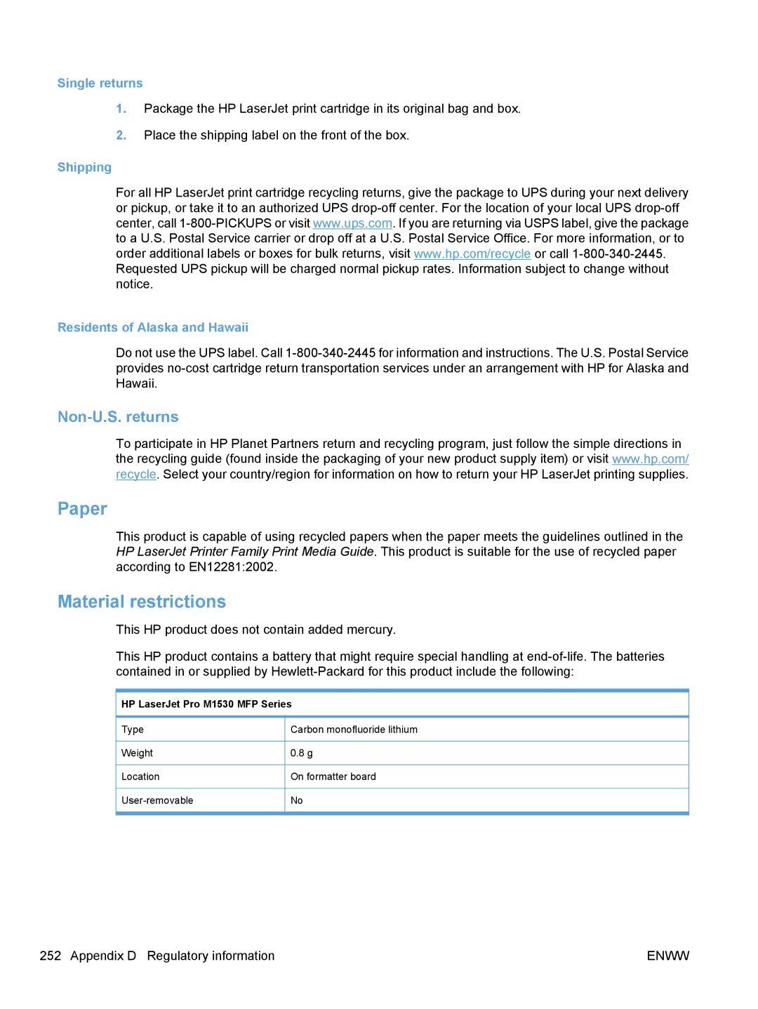 HP M1530 manual Paper, Material restrictions, Non-U.S. returns, Single returns, Shipping Residents of Alaska and Hawaii 